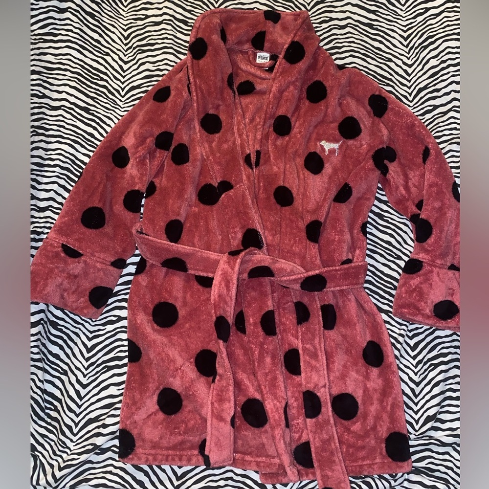 PINK Victoria’s Secret plush robe. Mauve color with black polka dots.